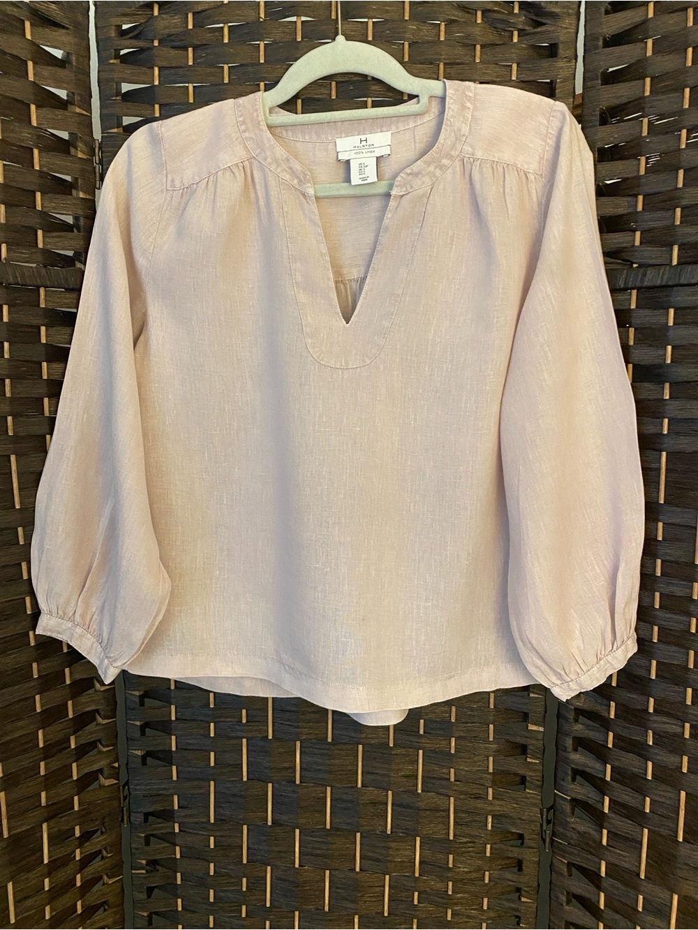 H by Halston Blush Split V-Neck Peasant Blouse in 100% Linen